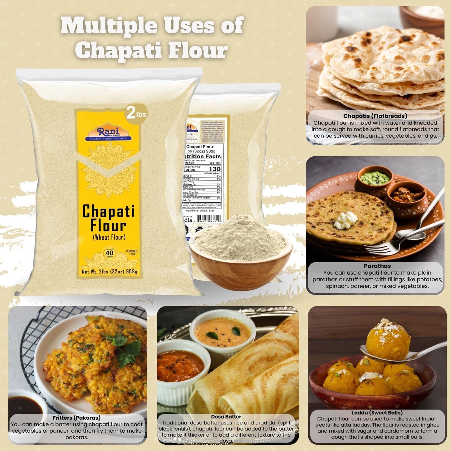 Rani Chapati Flour (100% Pure Whole Wheat Atta), For Making Roti & Indian Breads 32Oz (2Lbs) 908G ~ All Natural | Vegan | No Sal