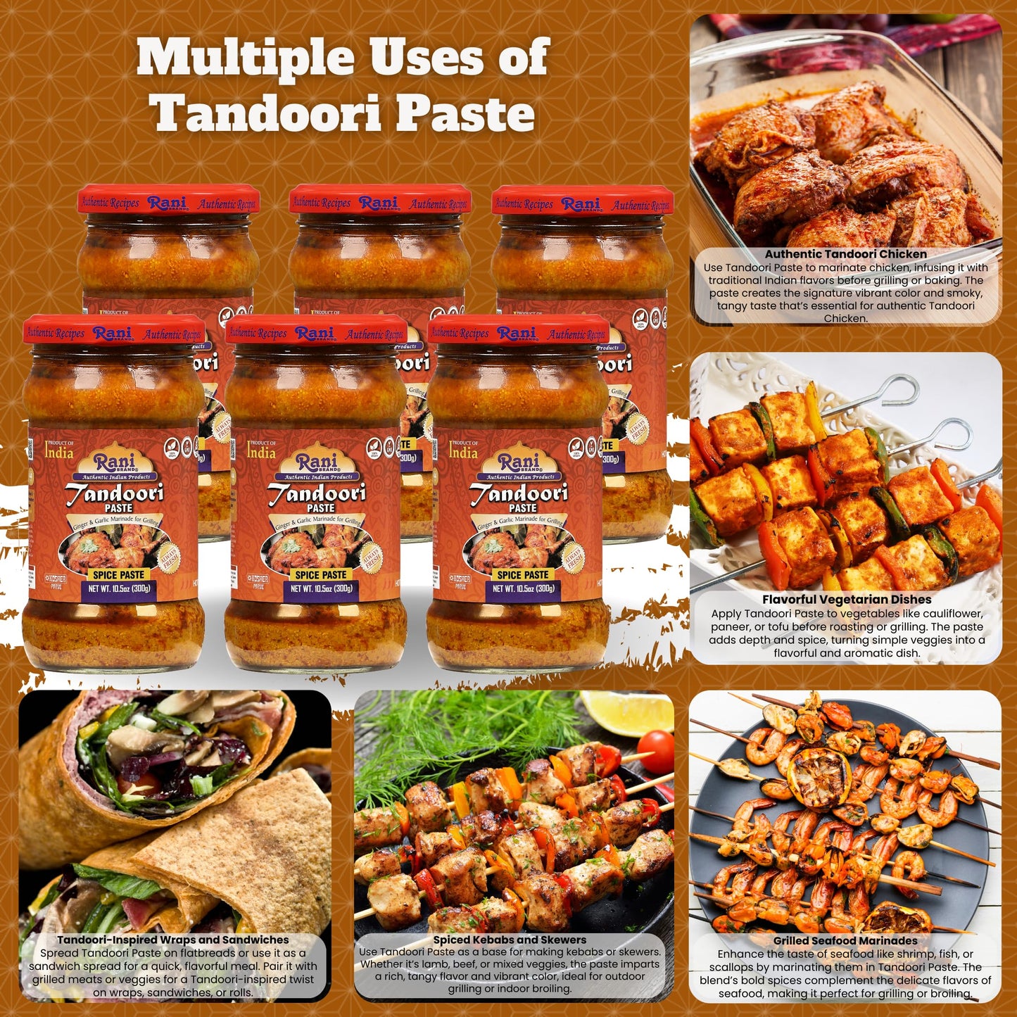 Rani Tandoori Paste (No Colors) 10.5Oz (300G) Glass Jar, Pack Of 5+1 Free ~ For Tandoori Chicken, Chicken Tikka, Paneer Tikka |