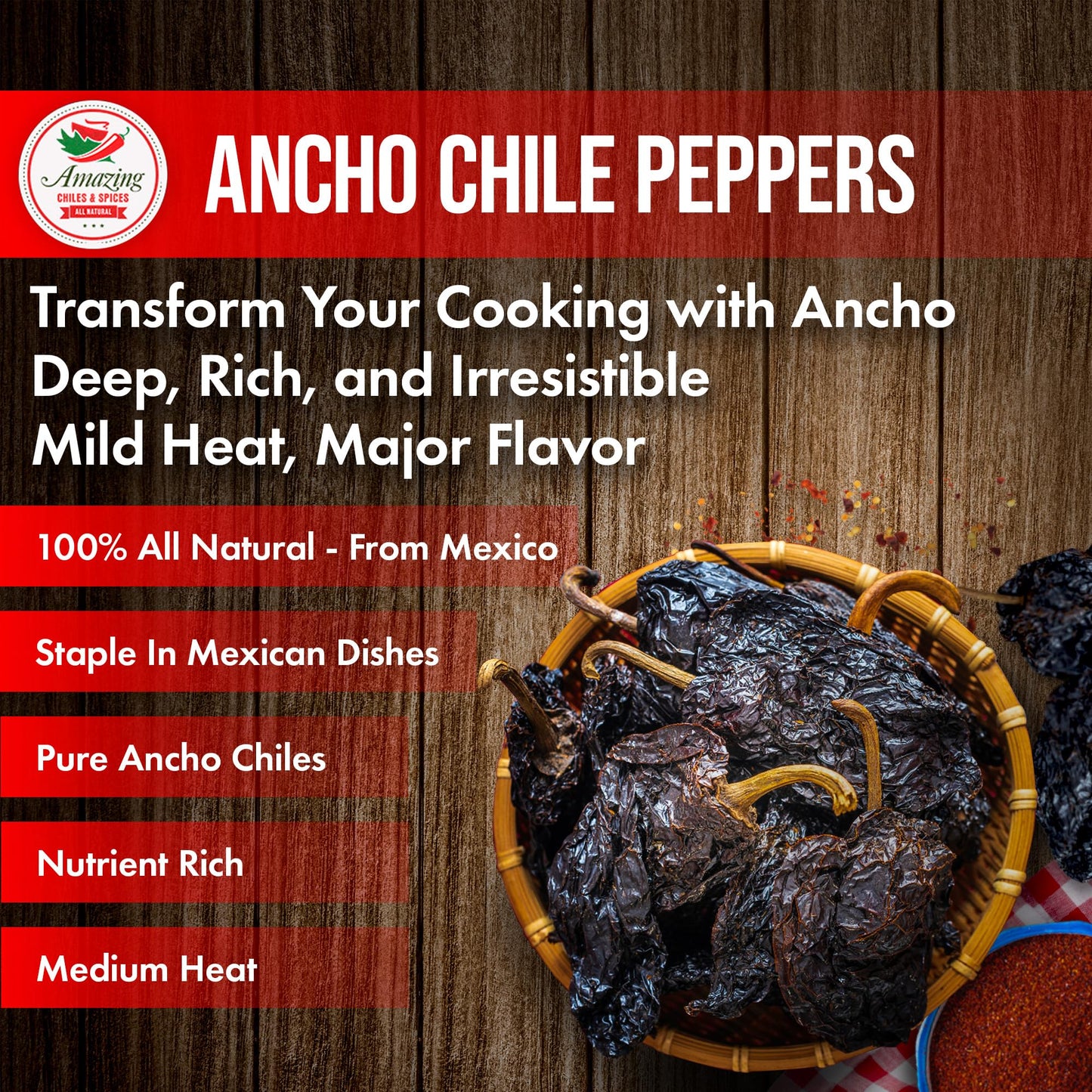 Amazing Chiles & Spices Dried Ancho Chiles Peppers, Mild to Medium Heat, Sweet & Smoky Flavor, 4 oz Resealable Bag