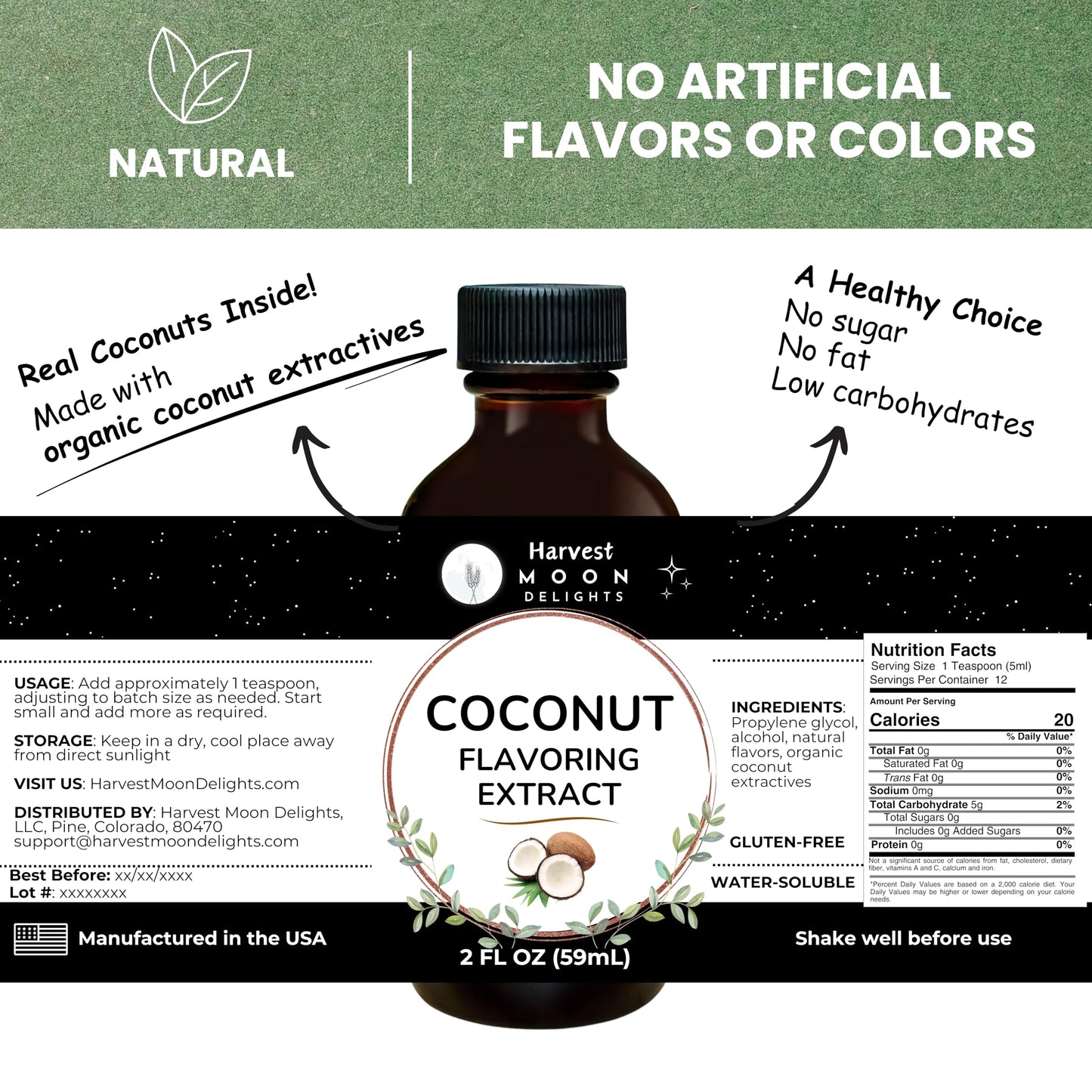 Natural Coconut Extract - 2 Oz - Water-Soluble - By Harvest Moon Delights - Coconut Extract For Baking, Ice Cream, Drinks, And C