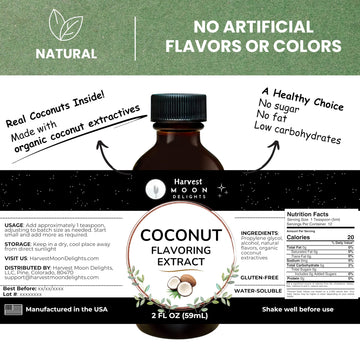 Natural Coconut Extract - 2 Oz - Water-Soluble - By Harvest Moon Delights - Coconut Extract For Baking, Ice Cream, Drinks, And C