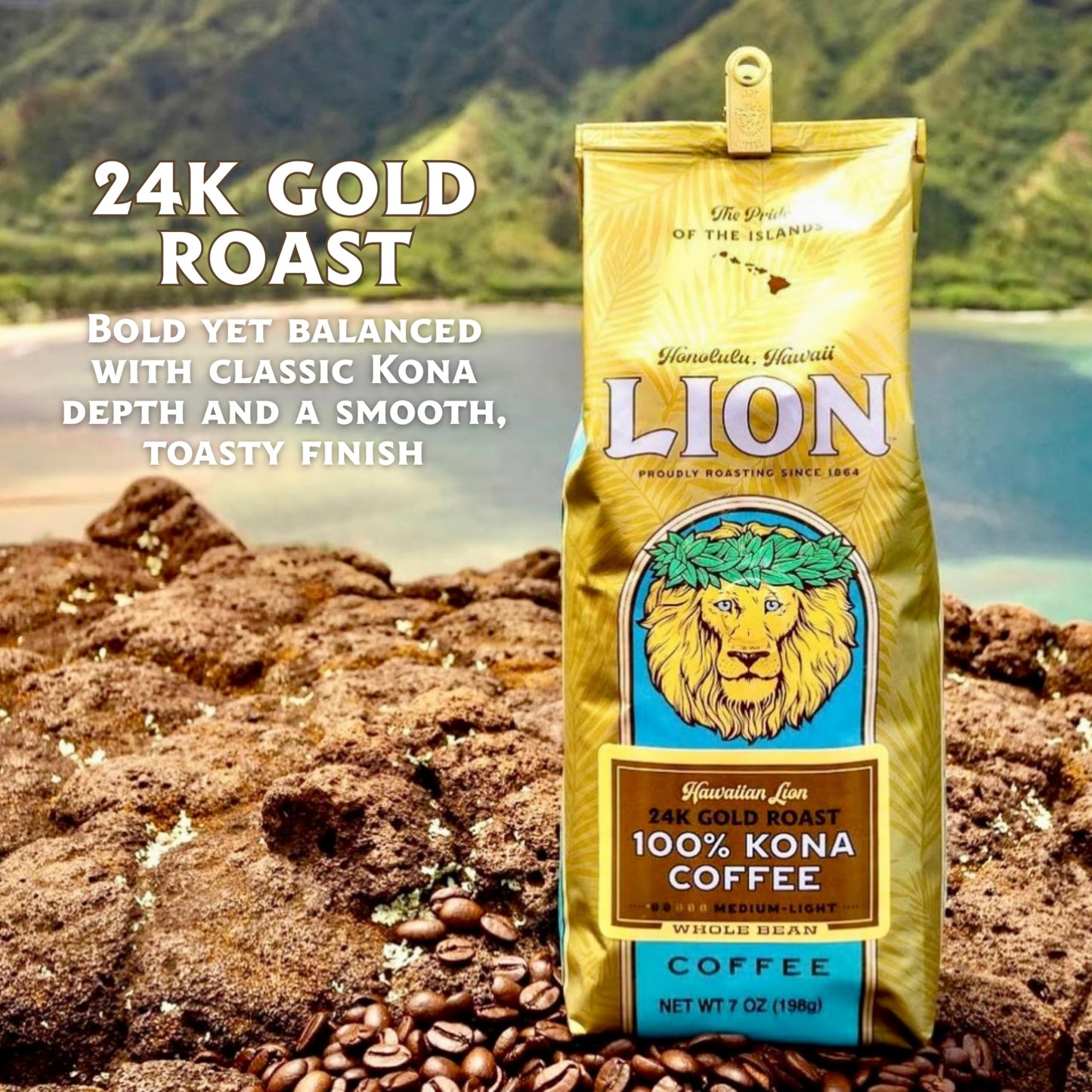 Lion Coffee 24K Gold Roast 100% Kona Whole Bean Coffee, Medium-Light Roast, 7 Ounce Bag