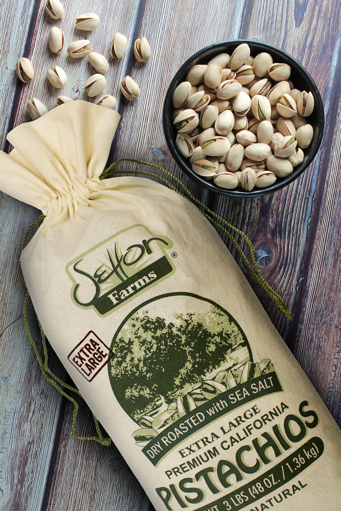 Setton Farms Extra Large Dry Roasted & Salted Pistachios, 48 oz In Shell, Non-GMO, Gluten Free, Vegan, Kosher - 3lb Burlap Gift Bag