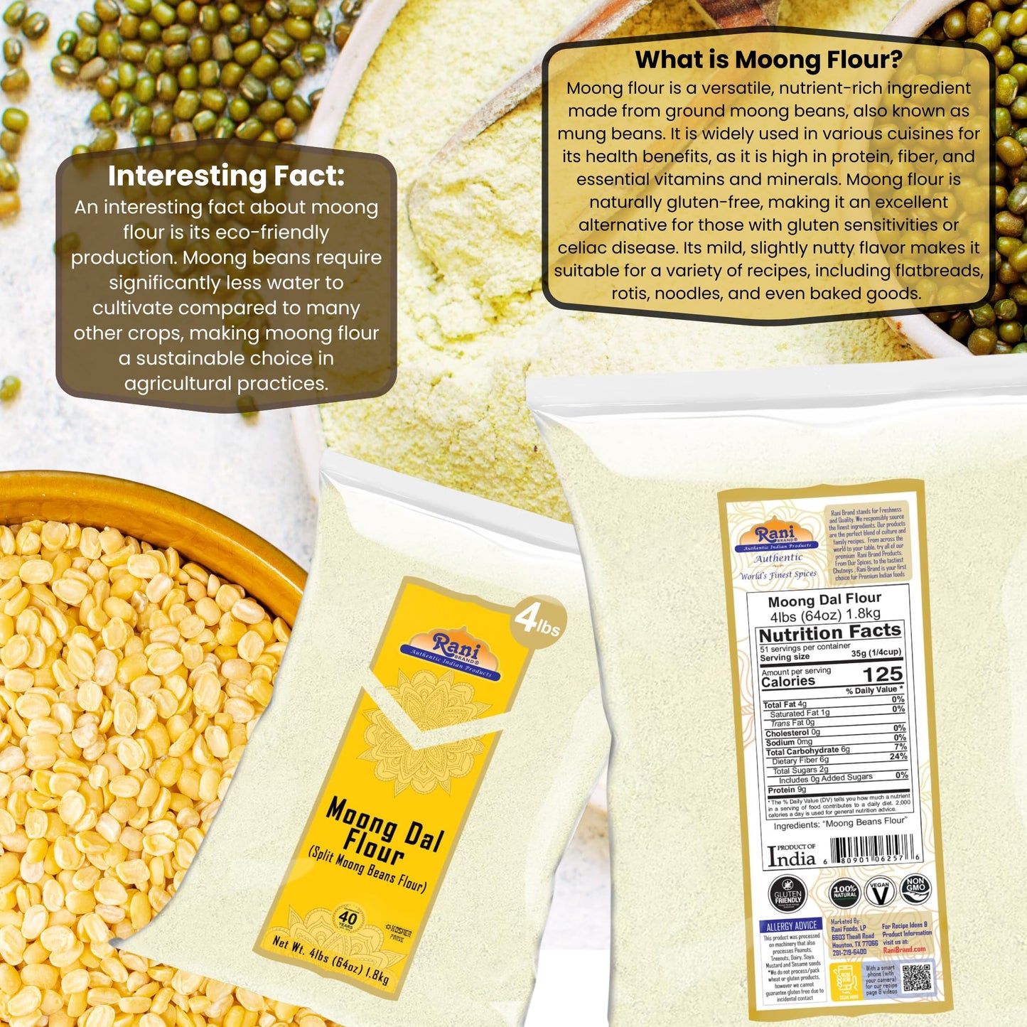 Rani Moong Flour, Mung Bean Flour, Gluten Friendly, Vegan, 64oz (4lbs), NON-GMO, Kosher, Indian Origin
