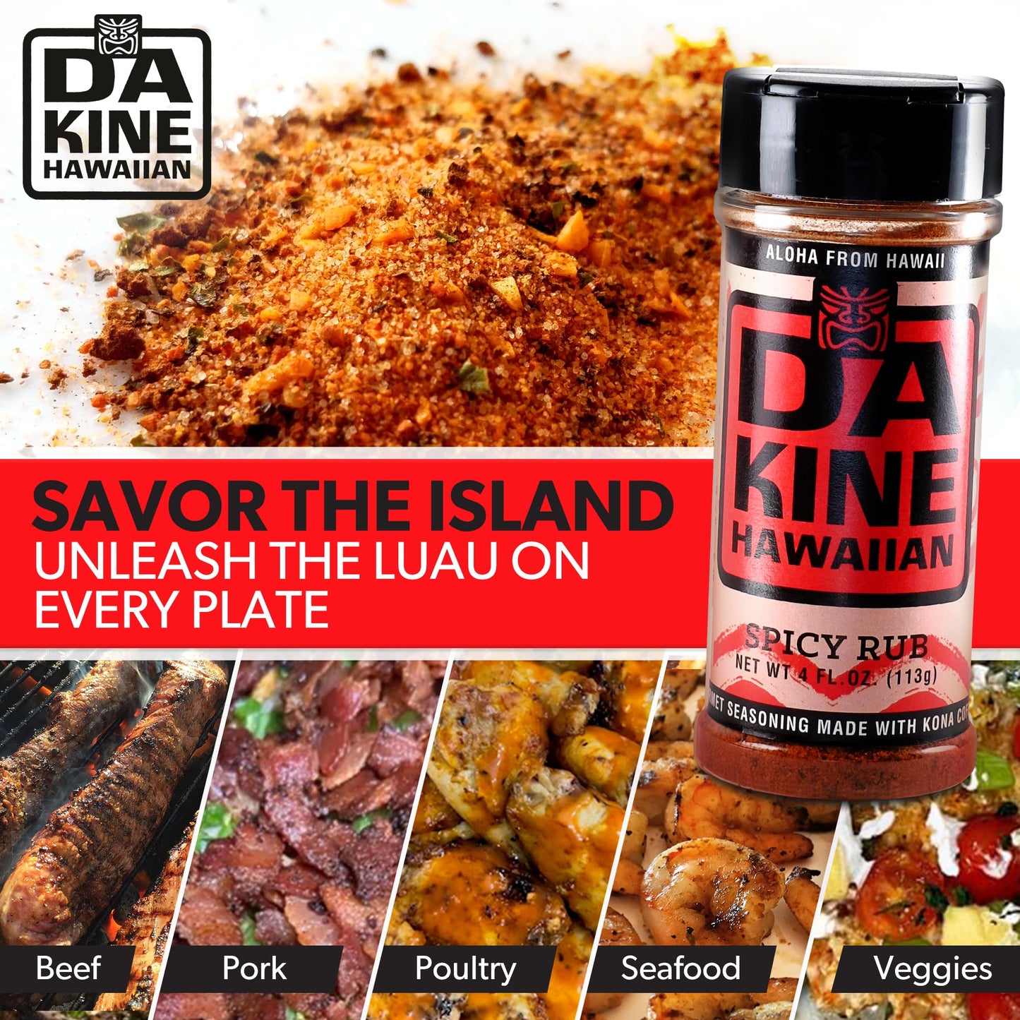 Da Kine Hawaiian BBQ Dry Rub Seasoning, Gluten-Free, Low Sodium, Spicy Flavor, 4 oz, 3 Pack