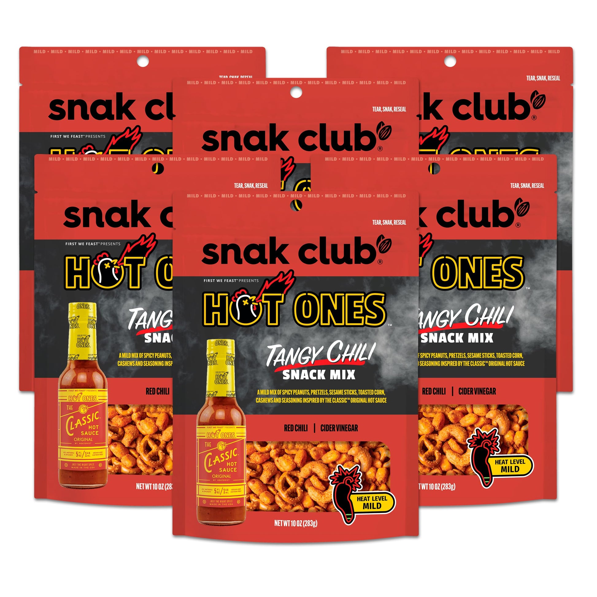 Snak Club x Hot Ones Tangy Chili Snack Mix  Mild Spicy Snacks with Peanuts  Pretzels  Sesame Sticks  Toasted Corn & Cashews  Inspired by Hot Ones Hot Sauce  10 oz Resealable Bag (6 Count)