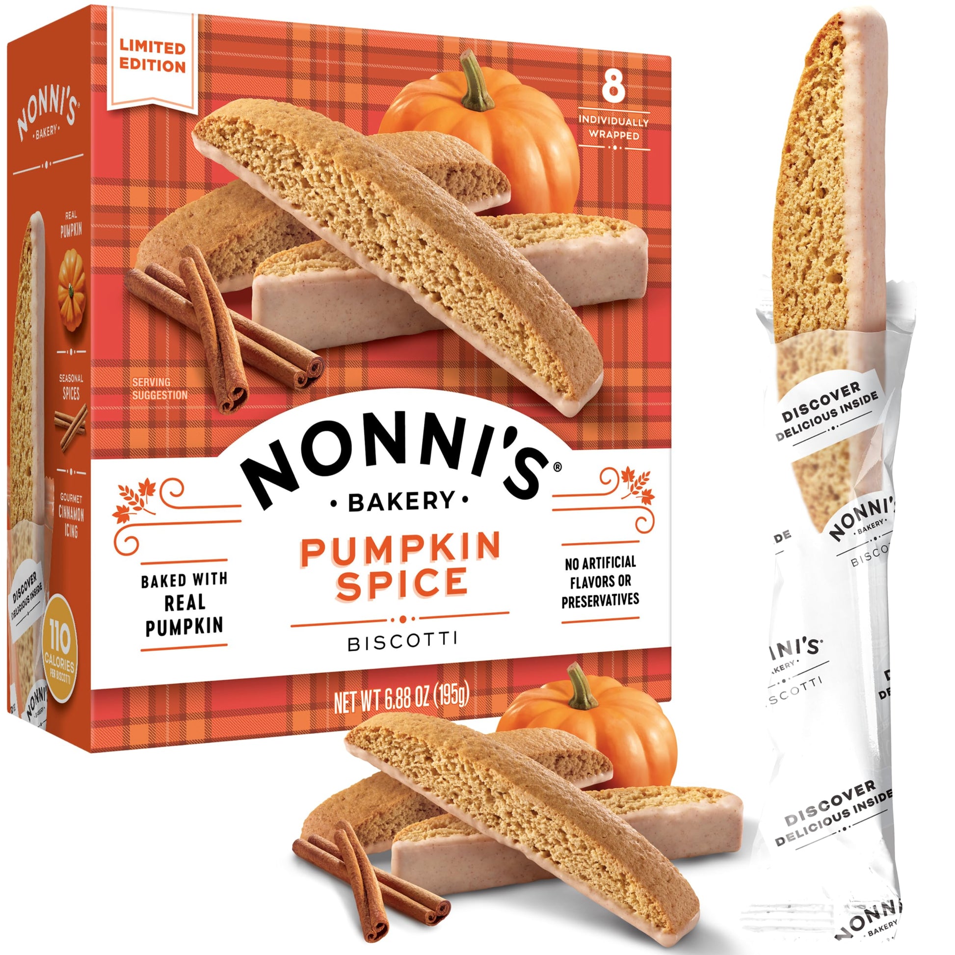Nonnis Pumpkin Spice Biscotti - Pumpkin Cookies - Pumpkin Biscotti w/Blend of Spices & Dipped in Cinnamon Icing - Individually 