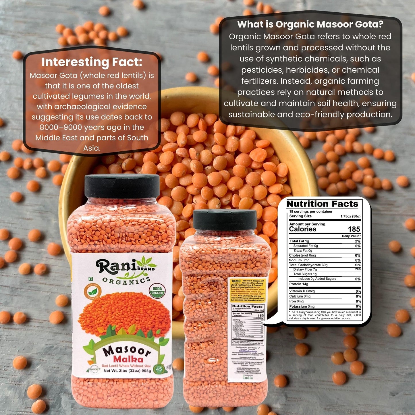 Rani Organic Masoor Gota (Football) Indian Red Lentils Skinless 32Oz (2Lbs) 908G ~ All Natural | Gluten Friendly | Non-Gmo | Kos