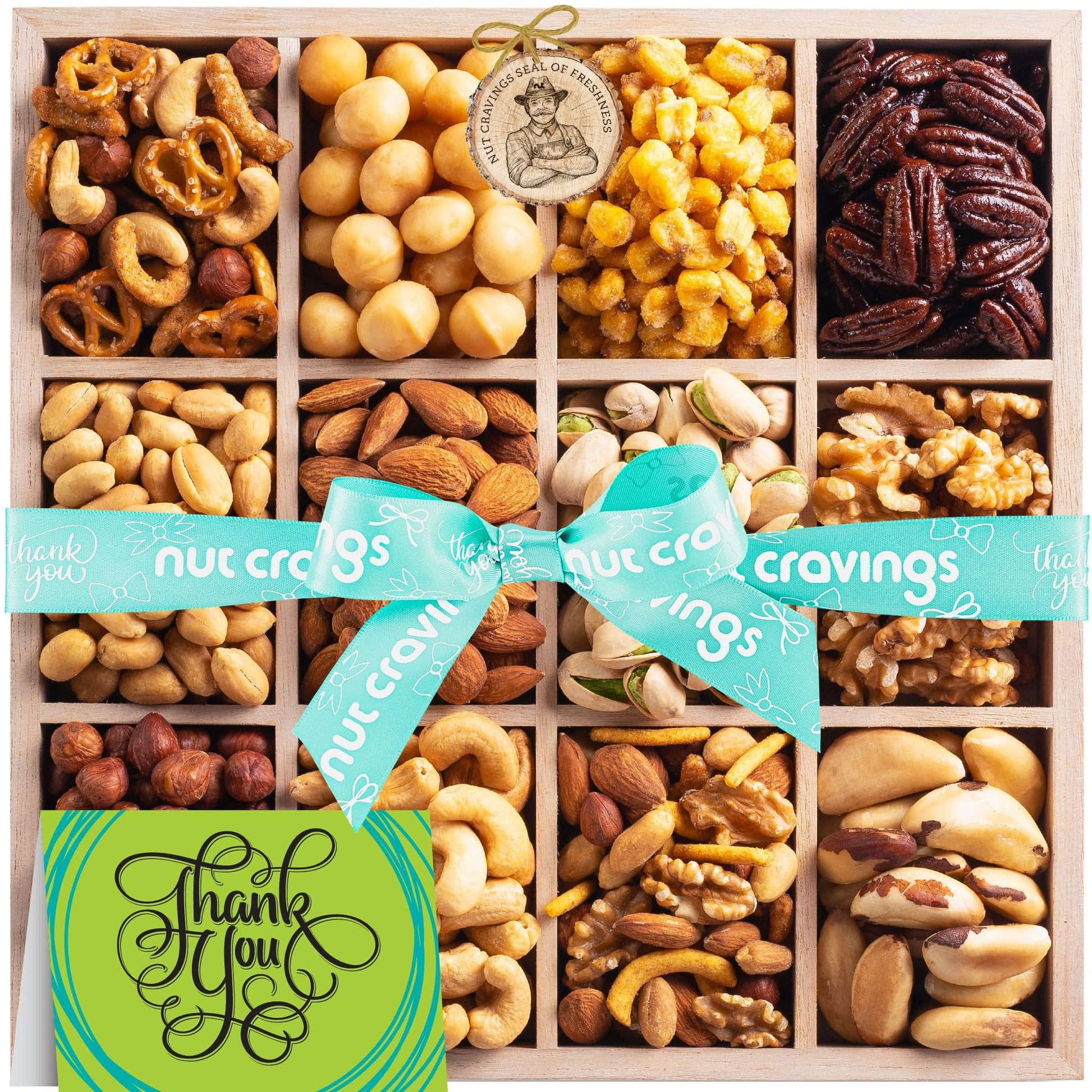 Nut Cravings Gourmet Collection - Thank You Nuts Gift Basket With Ty Ribbon + Greeting Card In Reusable Wooden Tray (12 Assortme