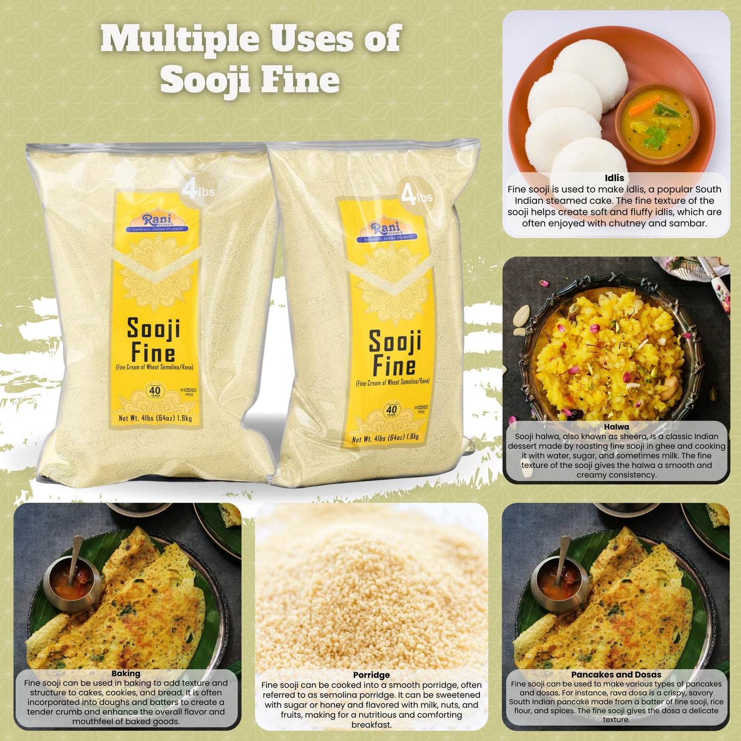 Rani Brand Sooji Fine Flour - 4lbs (64oz) - All Natural, Vegan, Non-GMO, Indian Origin