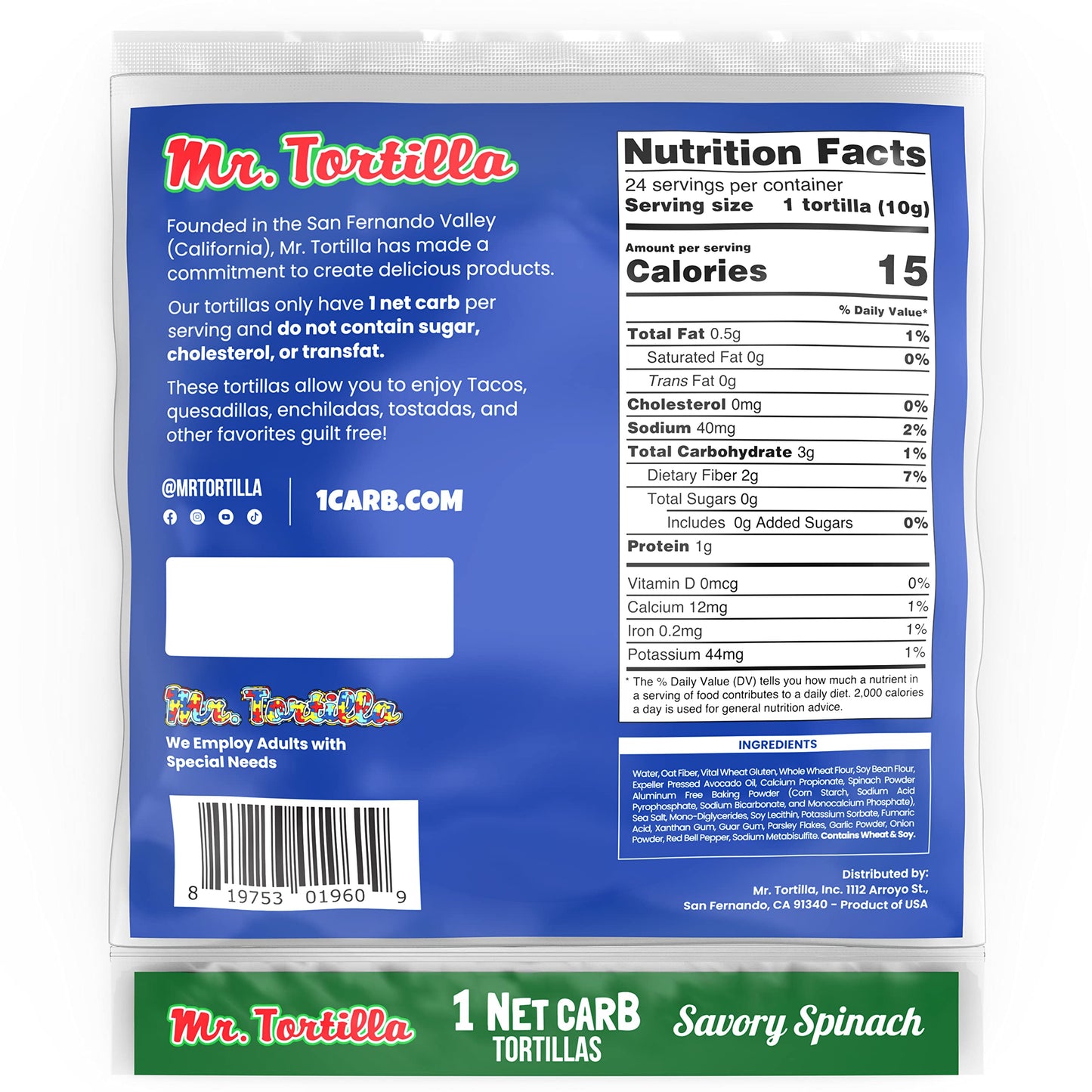 Mr. Tortilla 1 Net Carb Tortillas (24 Tortillas) | Keto, Vegan, Kosher | (Savory Spinach)
