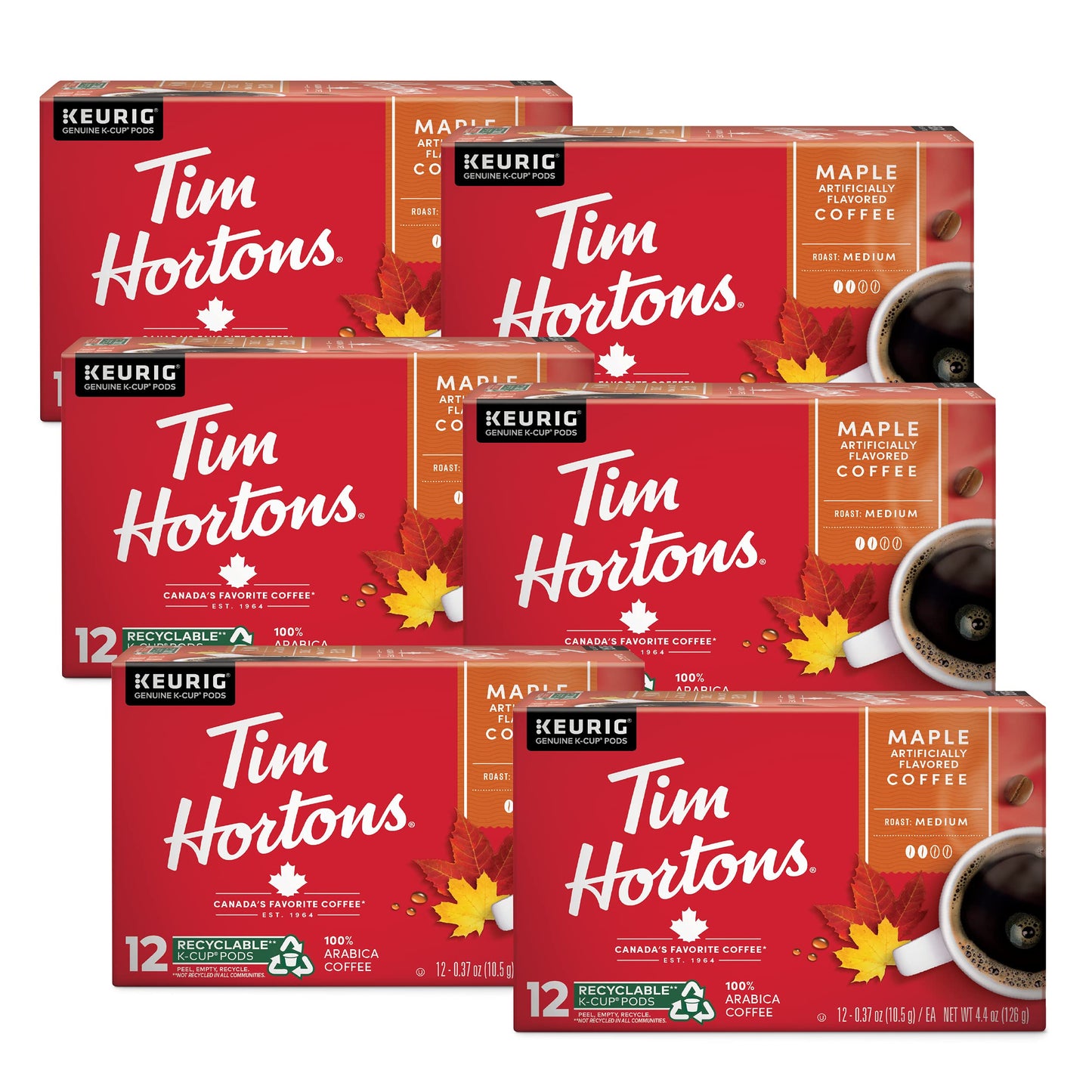 Tim Hortons Maple Flavored Coffee K-Cup Pods, 72ct, Compatible with Keurig, Red, 12 Count (Pack of 6)