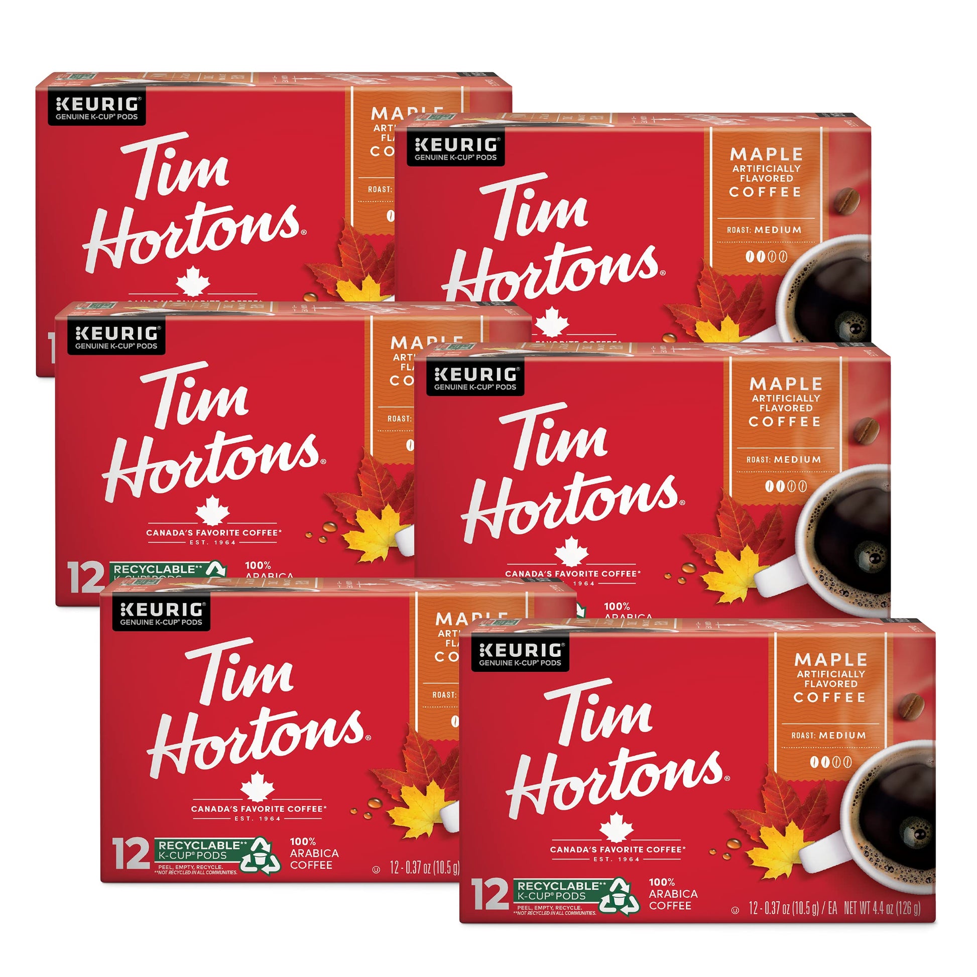 Tim Hortons Maple Flavored Coffee K-Cup Pods, 72ct, Compatible with Keurig, Red, 12 Count (Pack of 6)