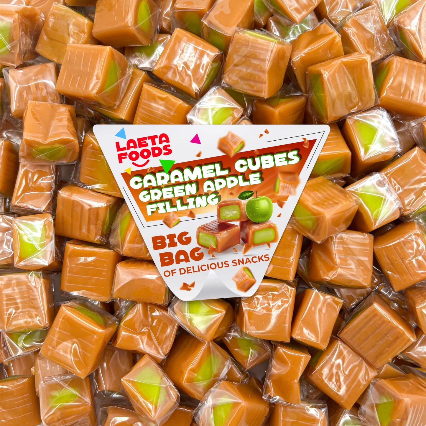 Caramel Cubes Candy | 1 Pound Bag - Approx. 75 Count | Green Apple Filling | Individually Wrapped