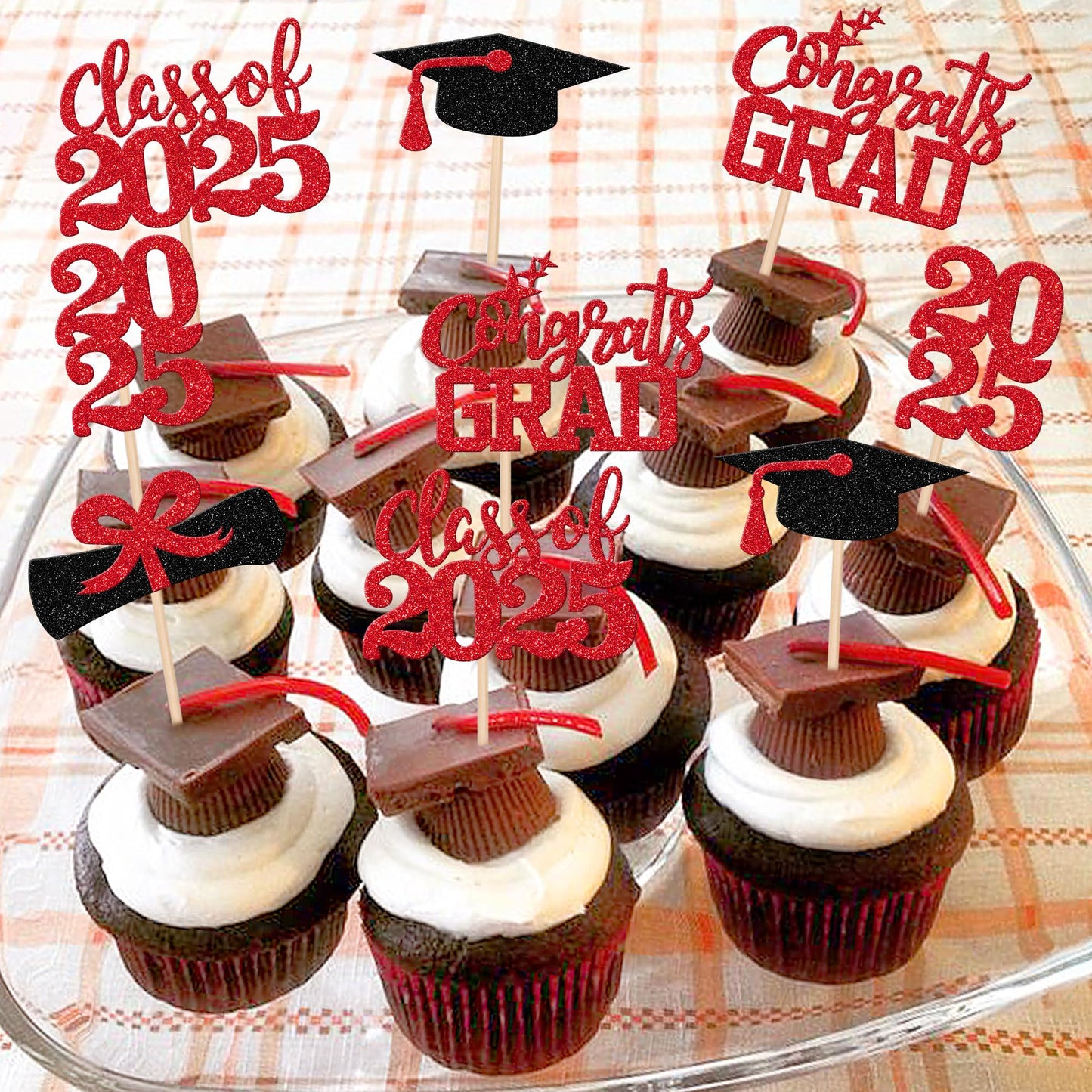 ZHUOWEISM Graduation Cupcake Toppers, 40 PCS Glitter Class of 2025, Red, Paper with Glitter