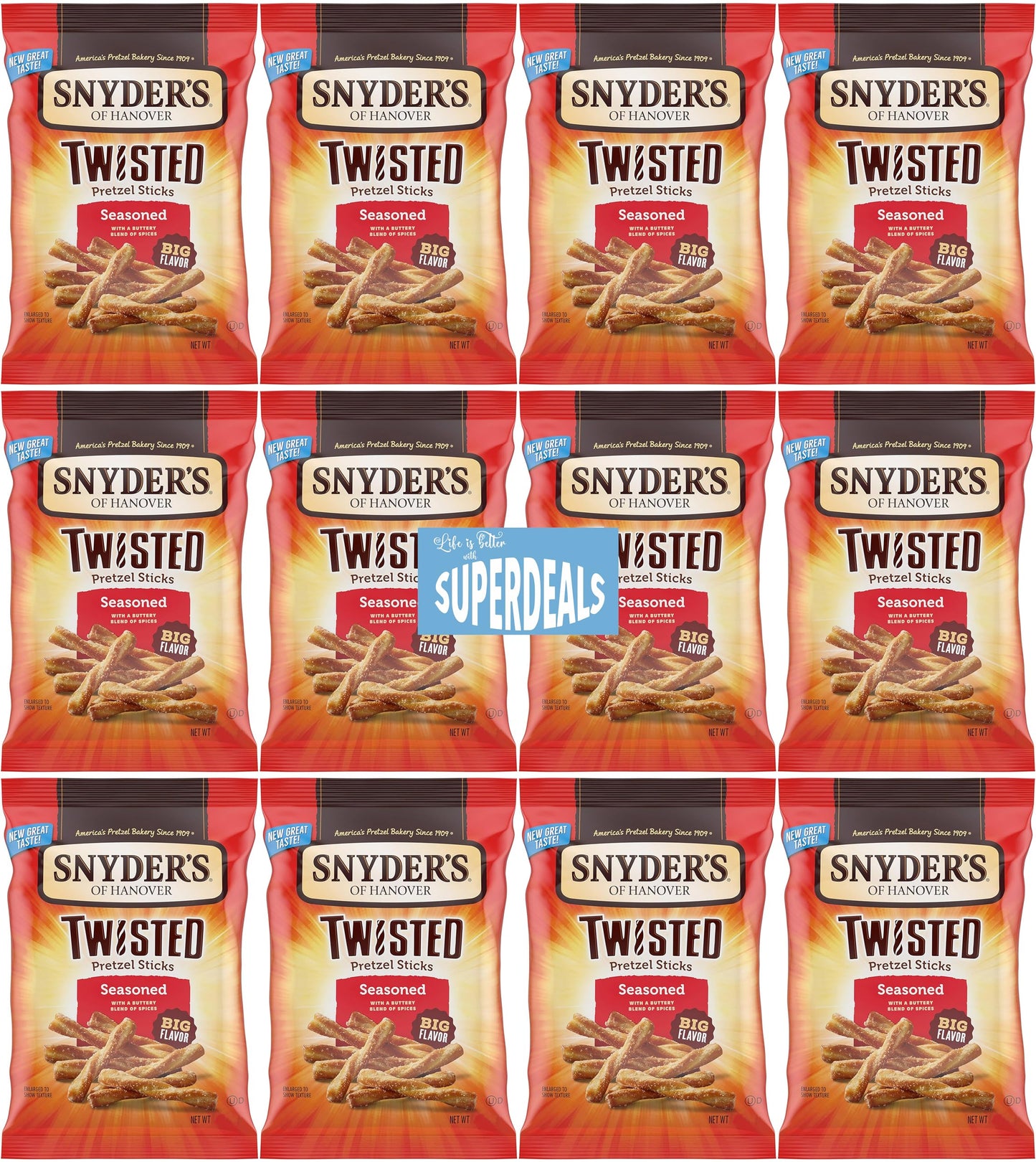 Snyders of Hanover Pretzel, Seasoned Twisted Pretzel Sticks, 2.25 oz Pack of 12 bundled by SUPERDEALS with mystery gift in ever