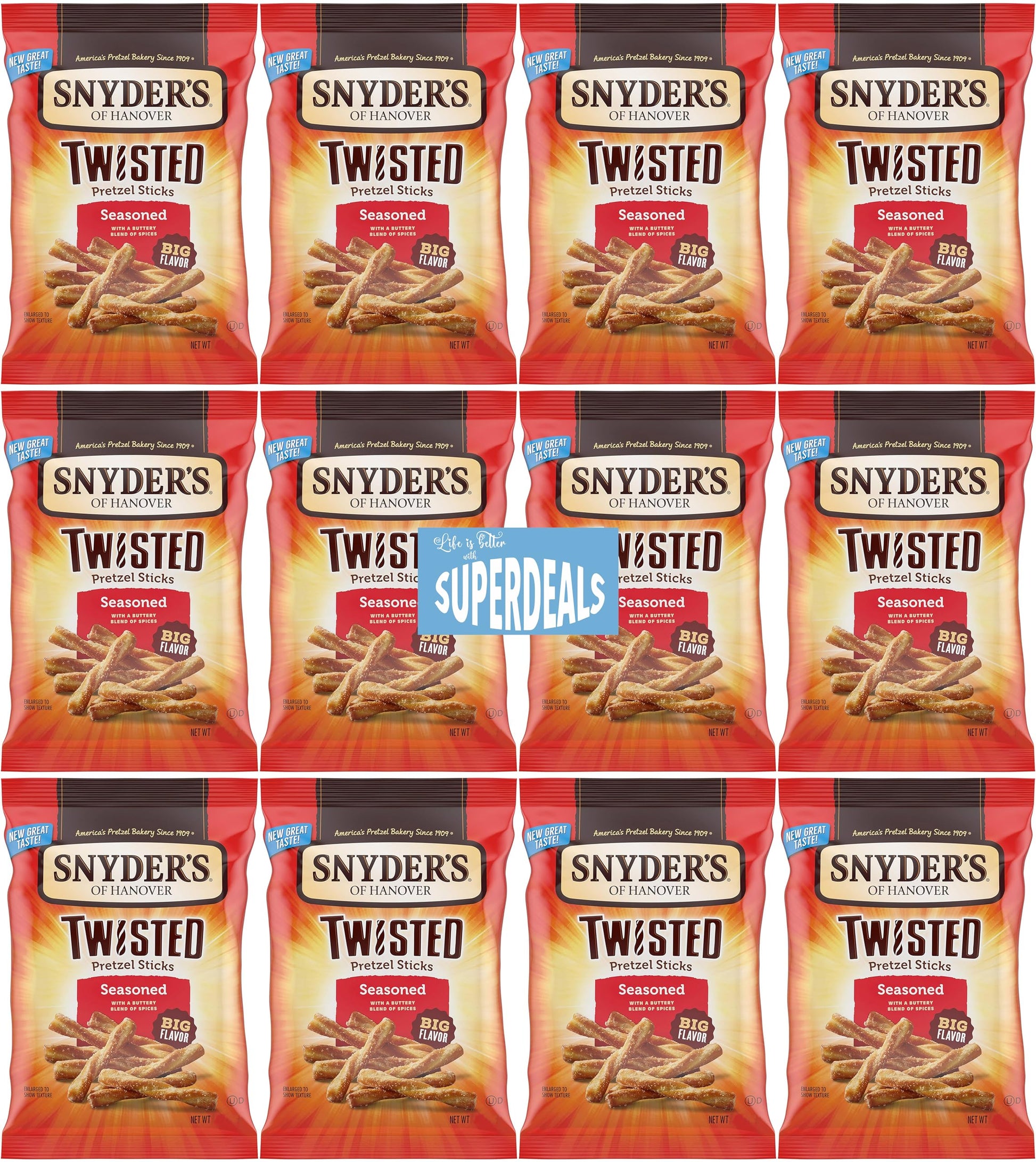 Snyders of Hanover Pretzel, Seasoned Twisted Pretzel Sticks, 2.25 oz Pack of 12 bundled by SUPERDEALS with mystery gift in ever