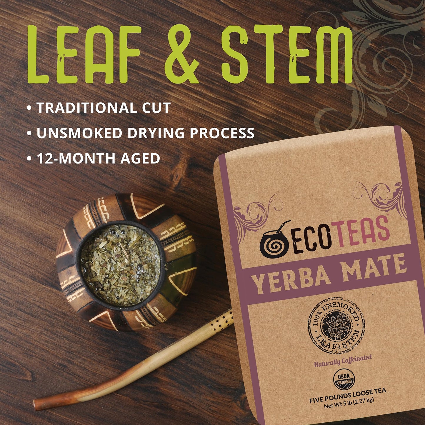 Ecoteas Organic Yerba Mate Loose Tea Traditional Cut, 5 Pounds