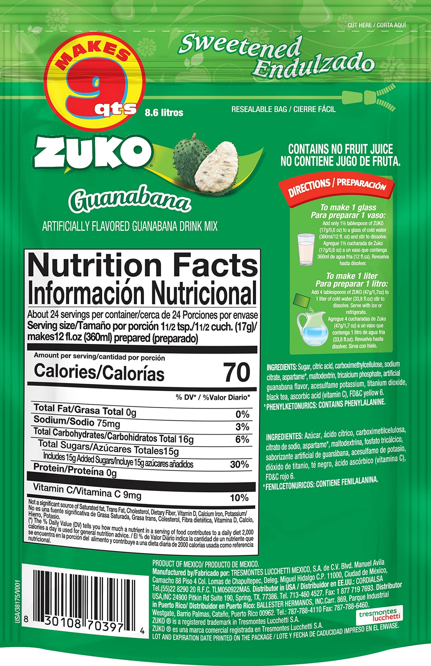 ZUKO Guanabana Instant Powder Drink, No Sugar Needed, Family Pack 14.1 Oz (Pack of 6)