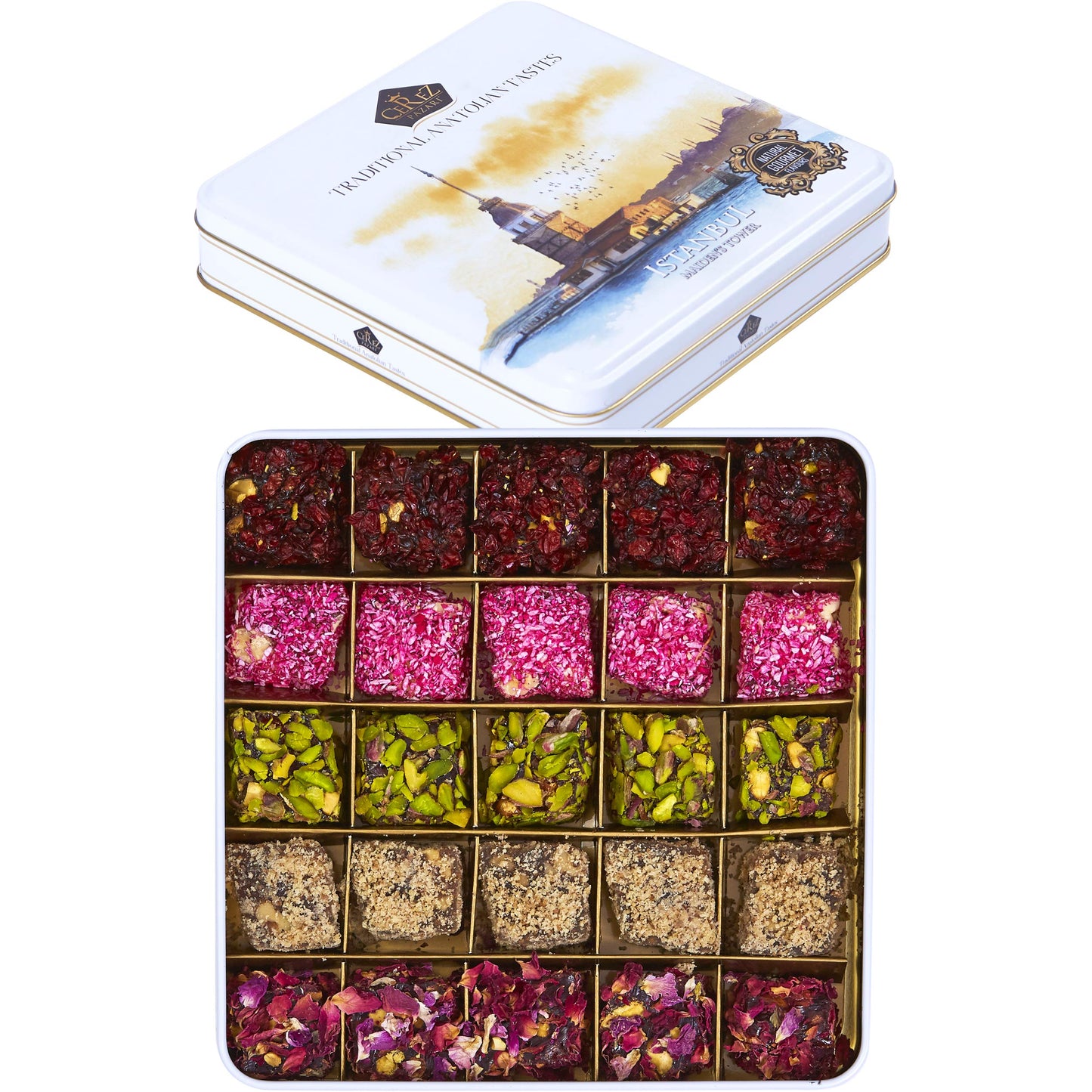 Cerez Pazari Turkish Delight With Mix Of 4 Flavours And Pistachio, Hazelnut And Walnut Assorted Gourmet Lokum (Loukoumi) In Eleg