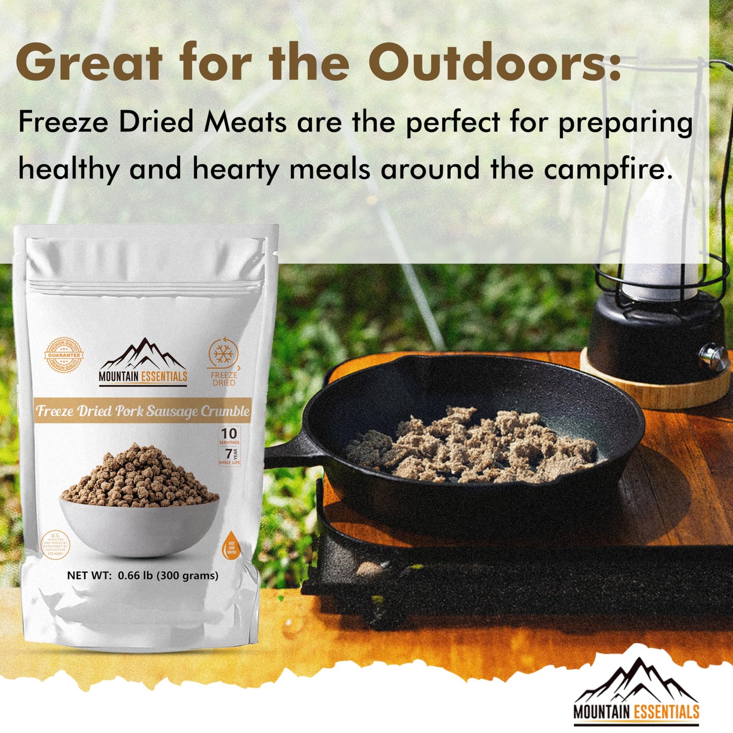 Mountain Essentials Freeze-Dried Pork Sausage Crumble – Fully Cooked & Ready To Eat | Traditional Flavor | Enhanced Quality Everyday Meals, Camping & Emergency Survival Food | 10 Servings | Made In Usa | 7-Year Shelf Life