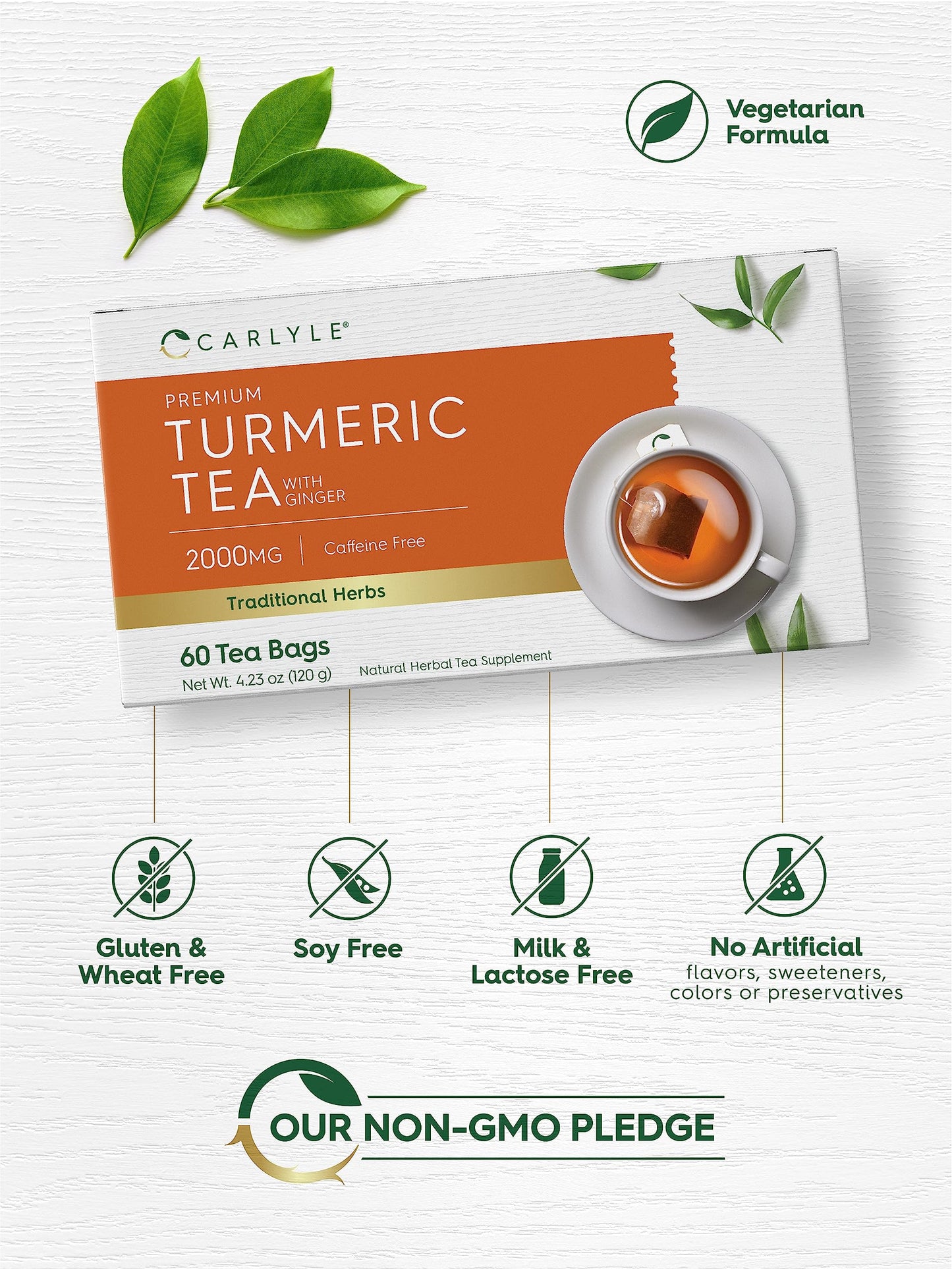 Carlyle Turmeric Tea Bags with Ginger, Caffeine Free, Non-GMO, Gluten Free, 60 Count