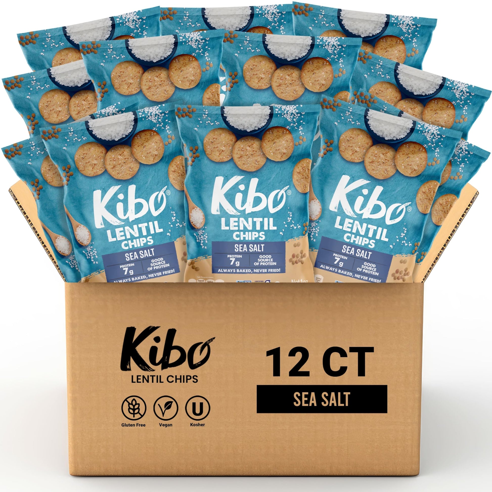 KIBO Sea Salt Flavor Gluten Free Non GMO Plant Based Lentil Chips 28 grams, 12 pack