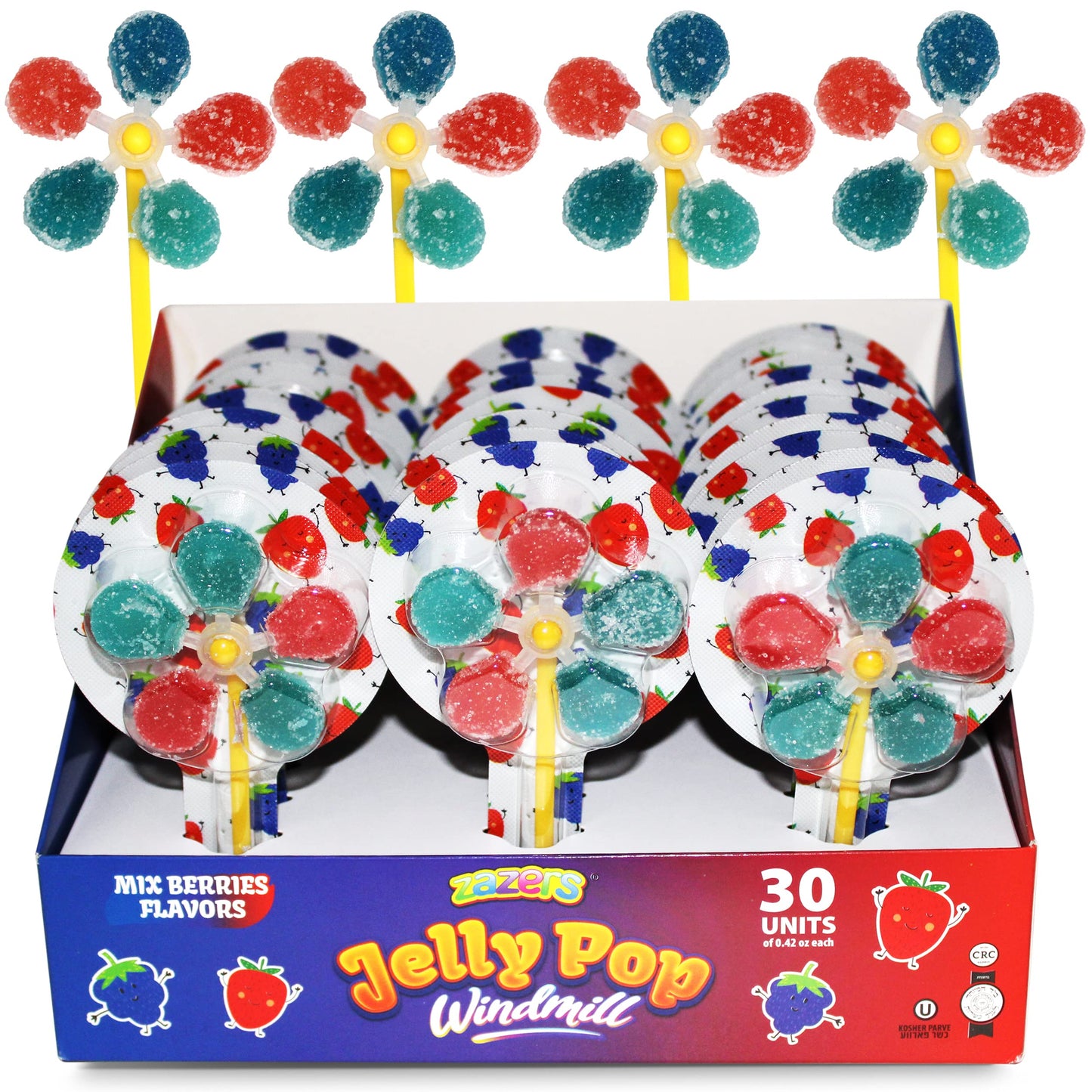 Zazers Jelly Pop Windmill Jelly Beans Candy, 30 Individual Pack of Mix Berries Flavor Windmill Candy Pops, Kosher Novelty (NET W
