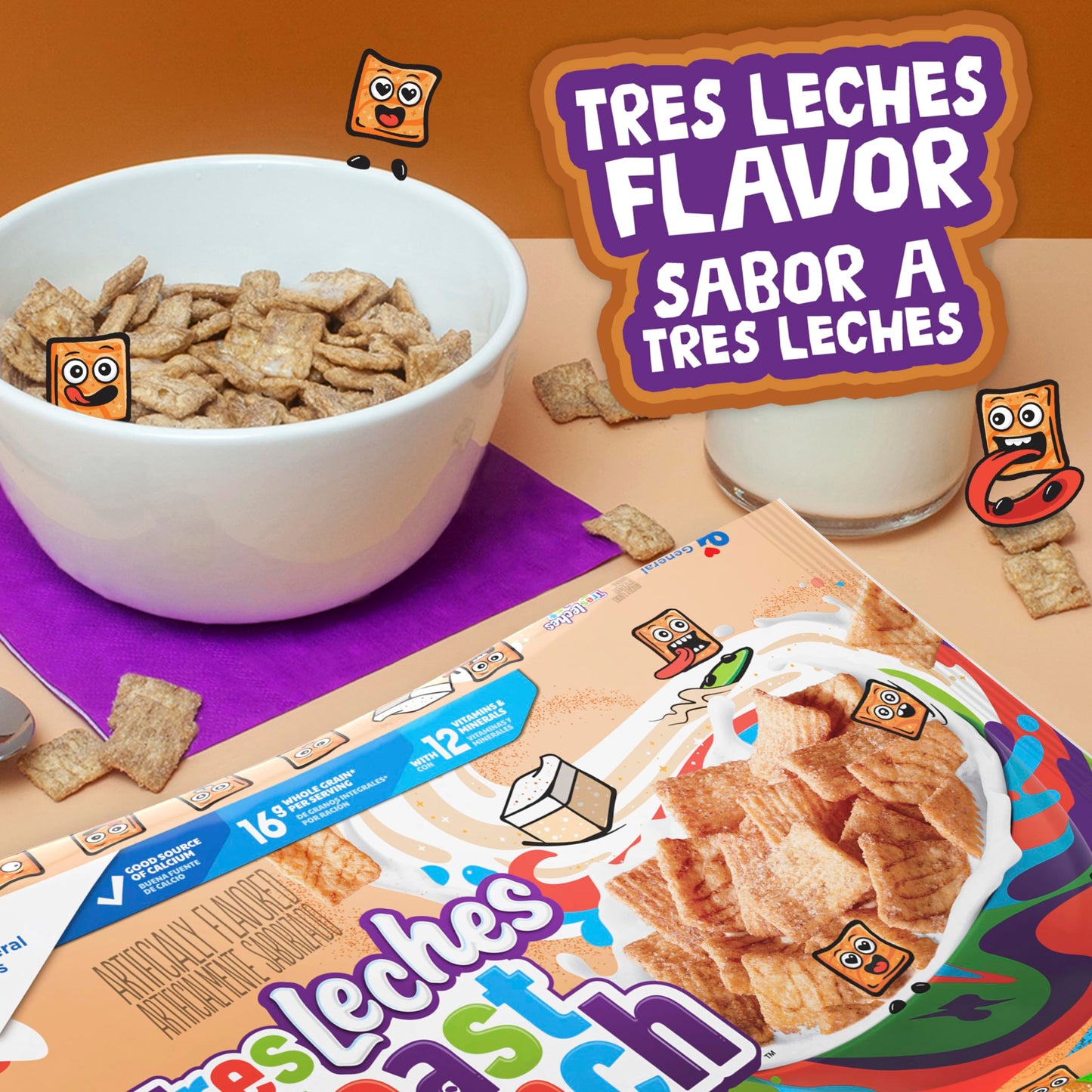 Tres Leches Toast Crunch Breakfast Cereal, Crispy Tres Leches Flavored Cinnamon Cereal, Resealable Bag, 32 Oz