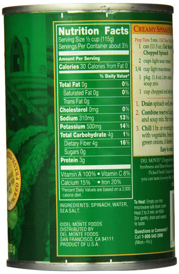 Del Monte Chopped Spinach 13.5Oz Can (Pack Of 6)