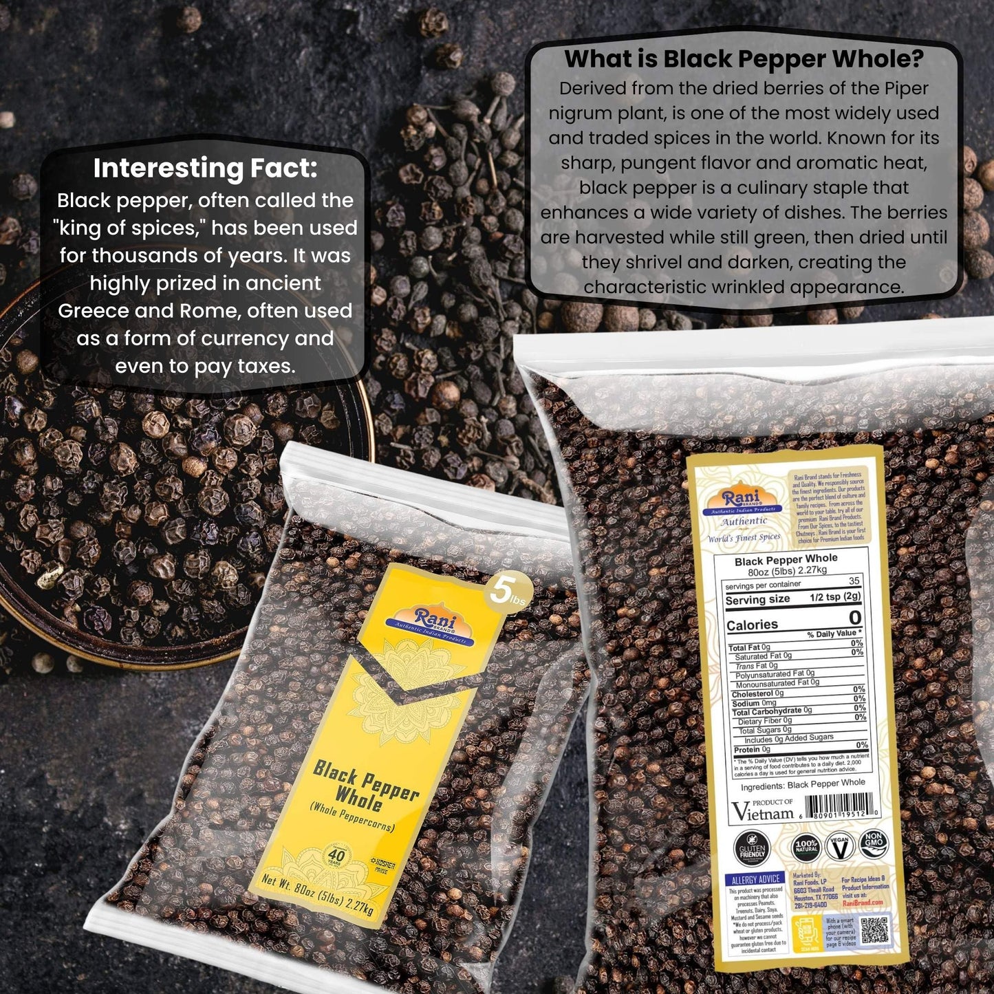Rani Black Pepper Whole (Peppercorns), Premium Mg-1 Grade 80Oz (5Lbs) 2.27Kg Bulk ~ All Natural | Gluten Friendly | Non-Gmo | Kosher | Product Of Vietnam | Perfect Size For Grinders!