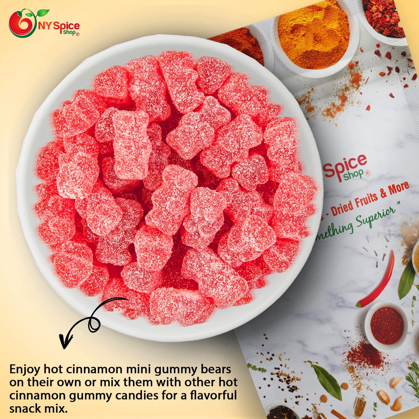 NY Spice Shop Cinnamon Bears - 8 Ounce Sweet and Spicy Cinnamon Gummy Bears - Tasty Cinnamon Bears Candy - Fruit Juice Hot Gummy