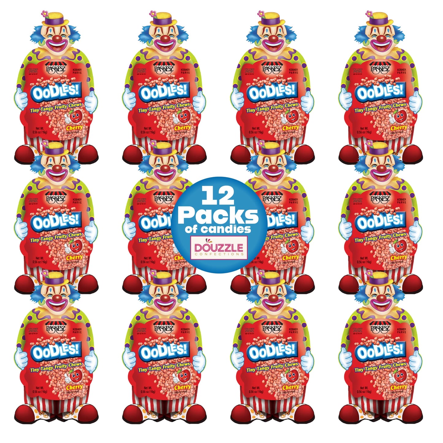 Douzzle Oodles Clown Shaped, Cherry Tiny Tangy Chews (12 Count, Pack Of 1) Individually Wrapped Candies, Birthday Party Favors,