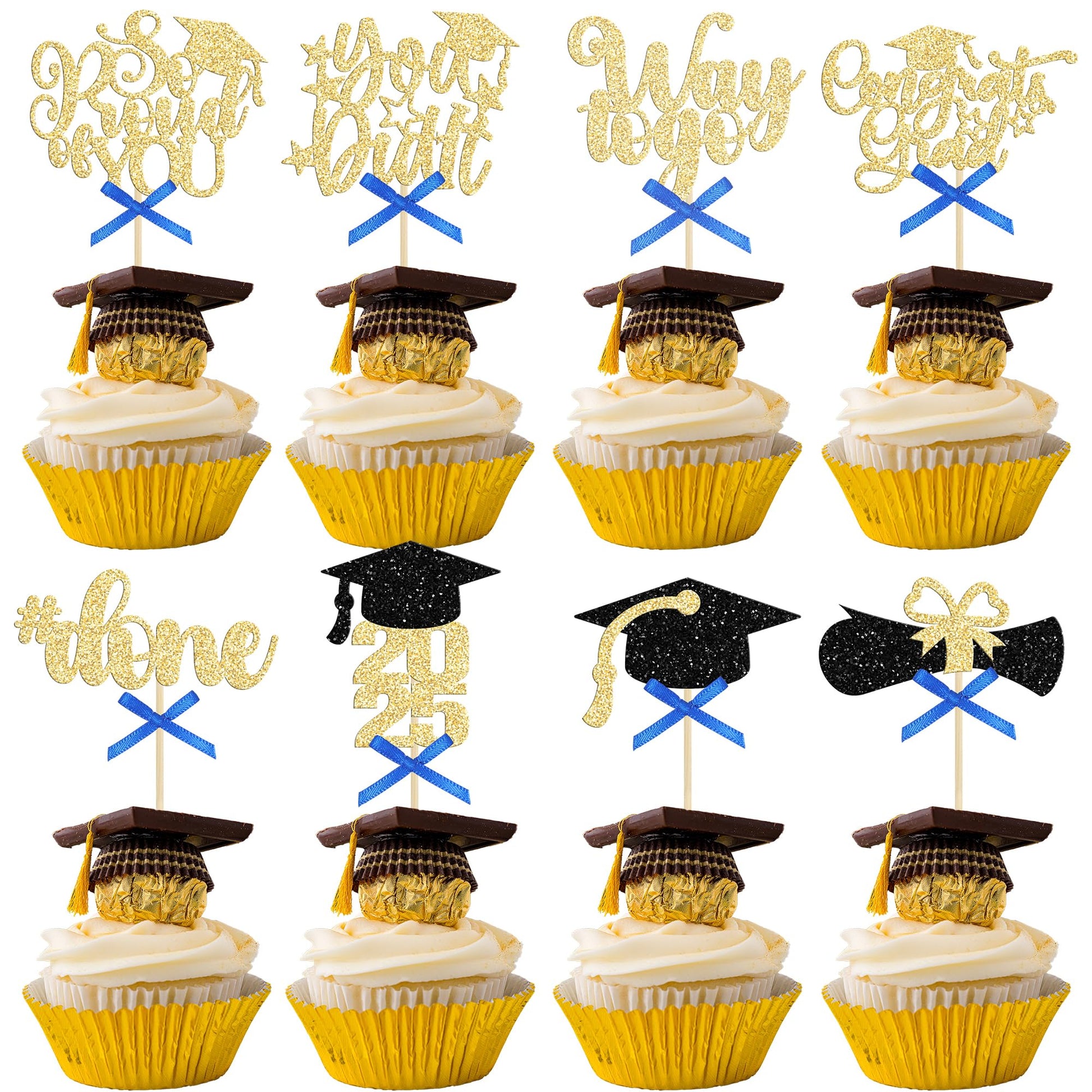Gyufise 32Pcs 2025 Graduation Cupcake Toppers Glitter So Proud of You Done Diploma Grad Cap Cupcake Picks Class of 2025 Cake Dec