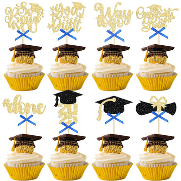 Gyufise 32Pcs 2025 Graduation Cupcake Toppers Glitter So Proud of You Done Diploma Grad Cap Cupcake Picks Class of 2025 Cake Dec