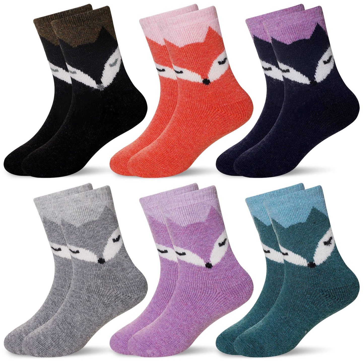 Eocom 6 Pairs Childrens Winter Warm Wool Socks Kids Toddlers Boys Girls Thermal Thick Boot Cozy Crew Socks (8-12 Years, Fox)