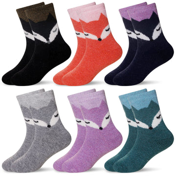 Eocom 6 Pairs Childrens Winter Warm Wool Socks Kids Toddlers Boys Girls Thermal Thick Boot Cozy Crew Socks (8-12 Years, Fox)