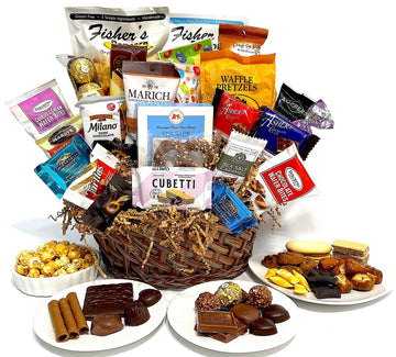 Hand-Crafted 28 Piece Customizable Chocolate Gift Basket Of Gourmet Chocolates, Cookies, And Crunches. Tasty Treats Selected For