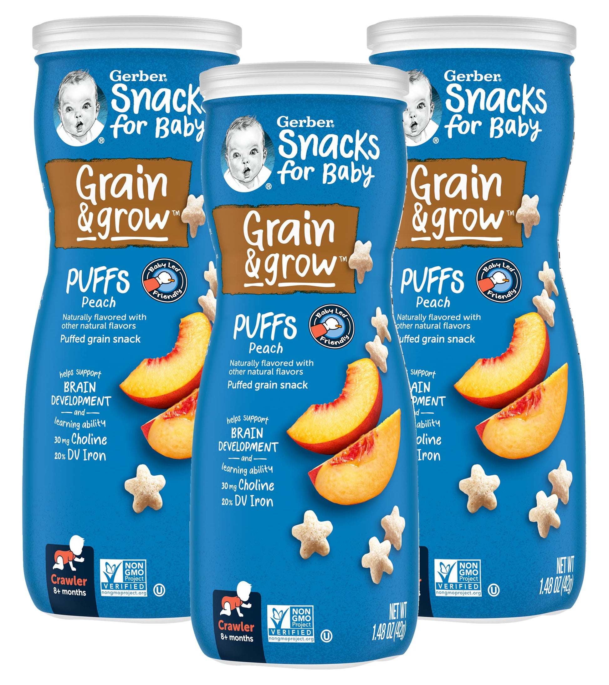 Gerber Snacks For Baby Grain & Grow Puffs, Peach, Puffed Grain Snack For Crawlers, Non-Gmo & Baby Led Friendly Snacks, 1.48-Ounc