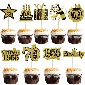 Gyufise 36Pcs Happy 70th Birthday Cupcake Toppers Glitter Black Gold Seventy Hello 70 Vintage 1955 Cupcake Picks Cheers to 70 Ye