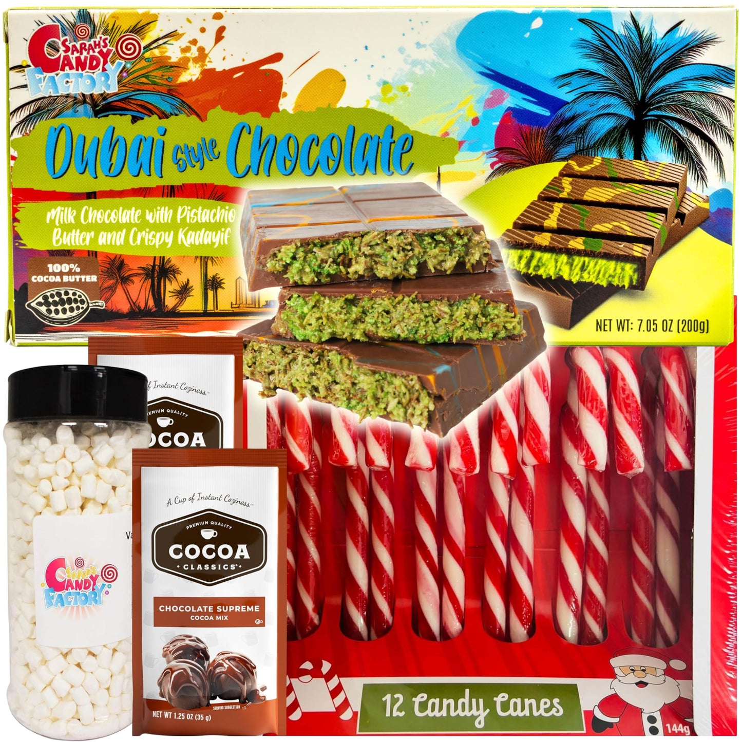 Enhanced 200 Gr Dubai Chocolate, Hot Cocoa Classics With Vanilla Dehydrated Mini Marshmallow, Candy Cane 12 Pieces,Luxury Christmas Gift Set