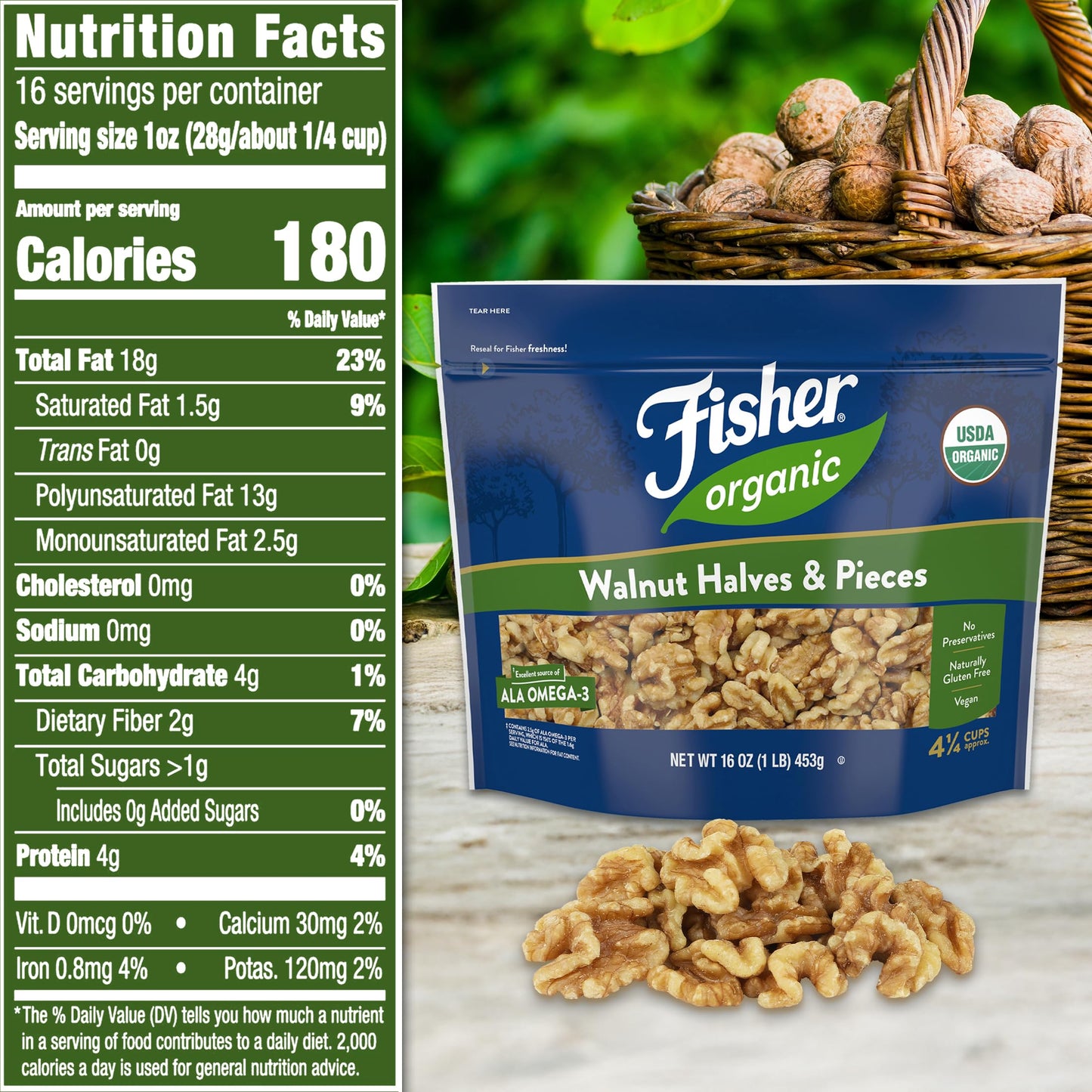 Fisher Organic Walnut Halves & Pieces 16 oz  USDA Certified Organic Nuts  Unsalted California Grown  Non-GMO  No Preservatives  Walnuts for Baking & Cooking  Healthy Snacks for mature-themeds  Resealable Bag