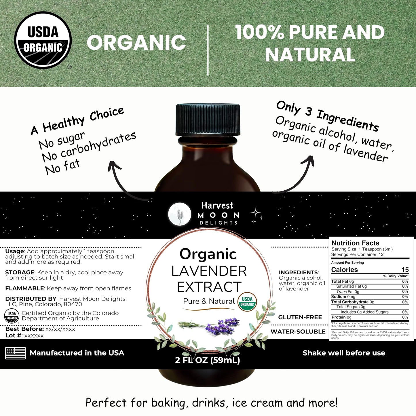 Organic Lavender Extract For Baking, Ice Cream, Drinks, And Candy - 2 Oz - Water-Soluble - By Harvest Moon Delights - Pure Laven