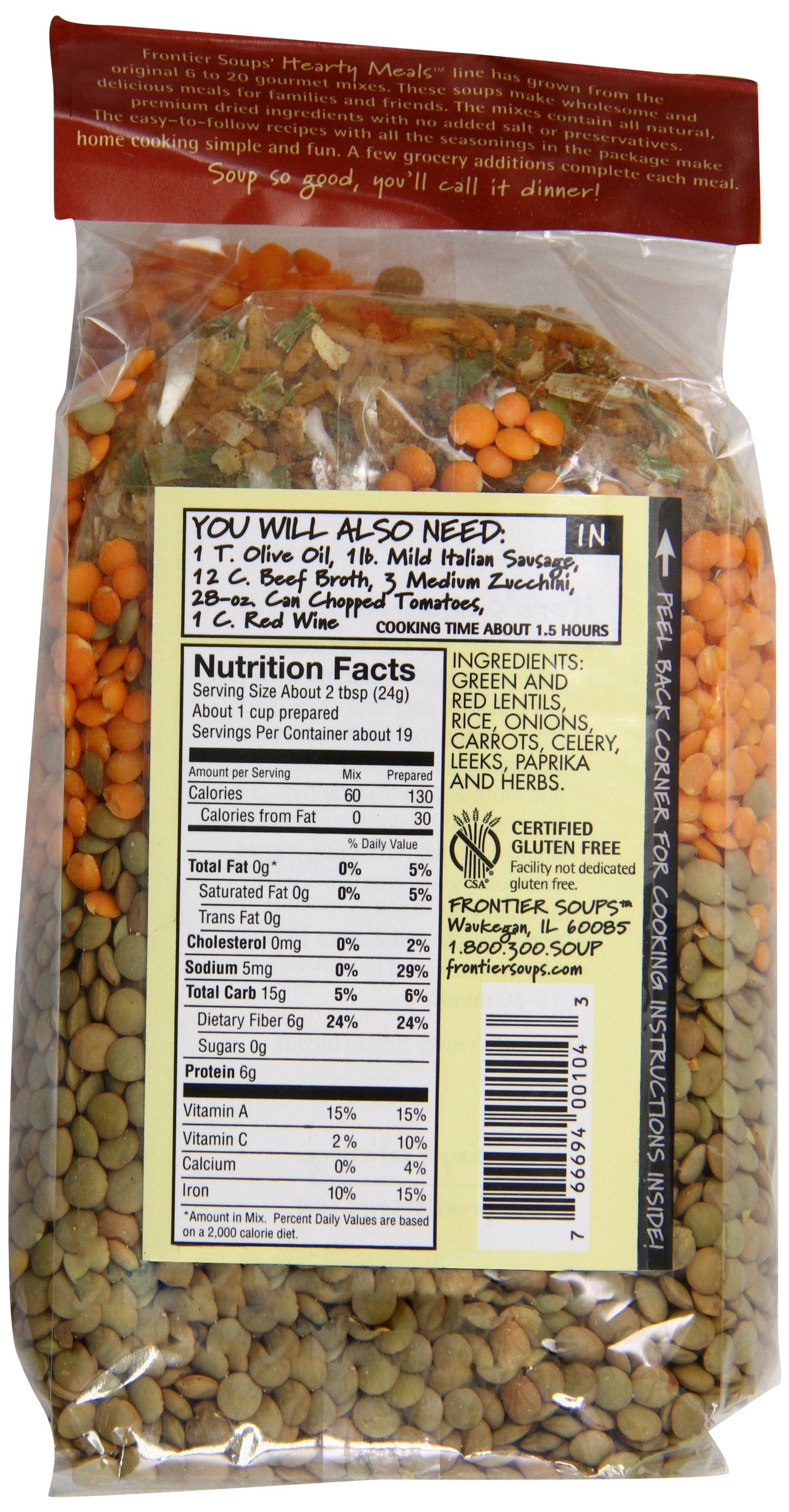 Frontier Soups Hearty Meals Indiana Harvest Sausage Lentil Soup Mix, 16 Ounce