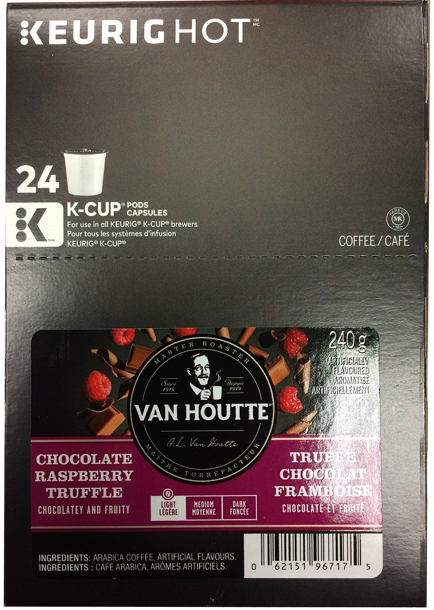 Van Houtte, Raspberry Chocolate Truffle, Single-Serve Keurig K-Cup Pods, Light Roast Coffee, 96 Count (4 Boxes 24 Pods)