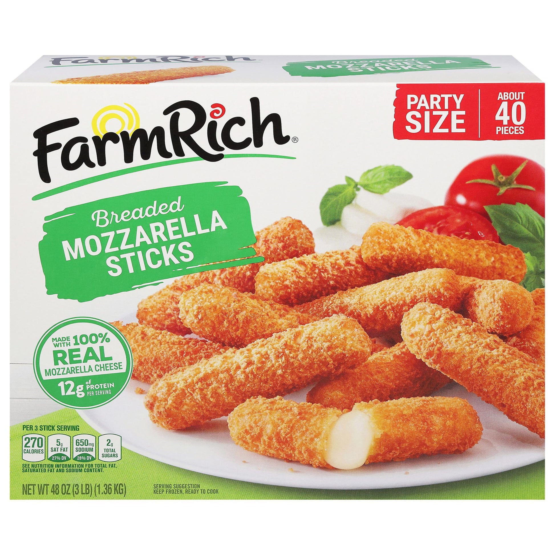 Farm Rich Mozzarella Cheese Sticks - Frozen Appetizers for Parties, Breaded Cheese Stick, 48 oz Pack - Farm Rich Snacks