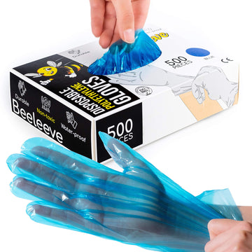 Beeleeve [500-Box Disposable Plastic Poly Gloves - One Size Fits Most - Color Variants - Single-Use Hand Covers For Food Safe Ha