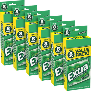 EXTRA Chewing Gum Sugar-Free, Spearmint Flavor, 8 ct/Box, Pack of 6 (48 Count Total) Bulk, Mint Gum