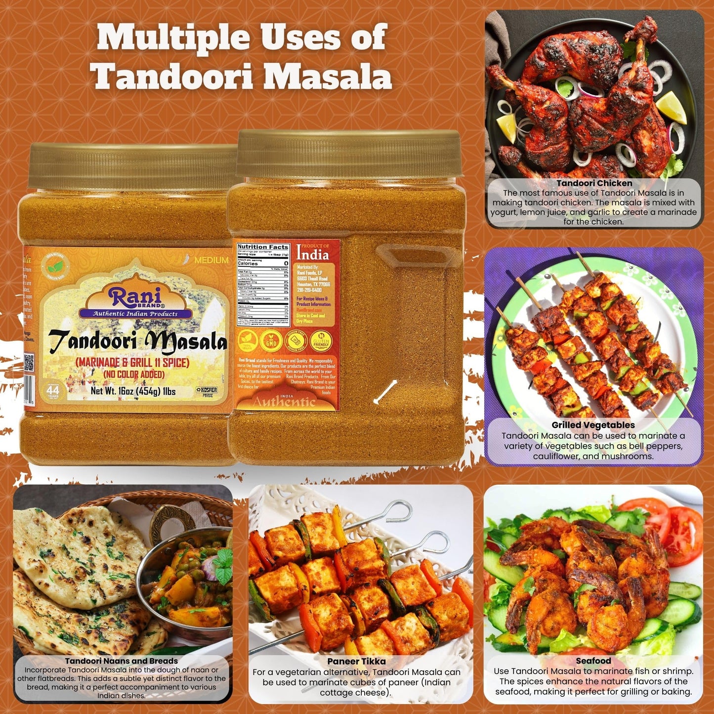 Rani Brand Tandoori Masala 11-Spice Blend, Salt Free, Vegan, Gluten Friendly, 16oz (454g) PET Jar
