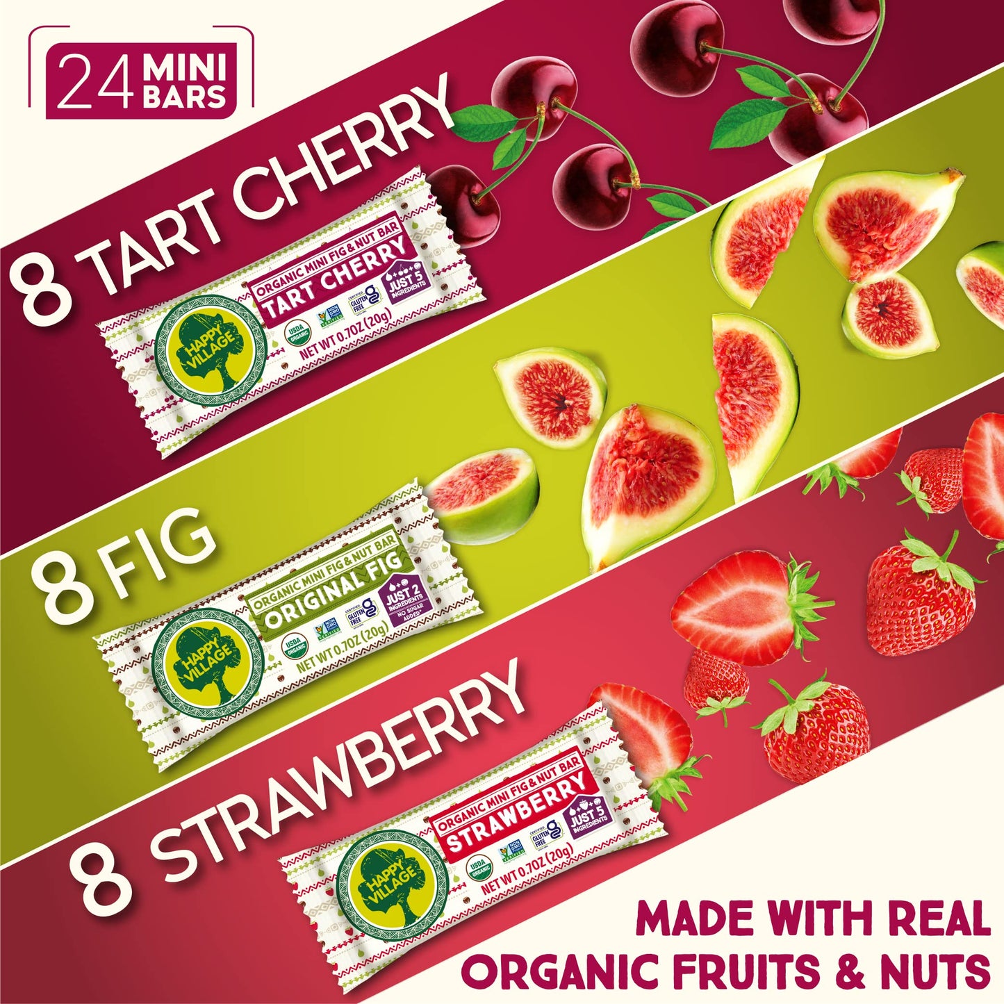 Happy Village Organic Mini Fig & Nut Bars, Variety (24 Packs, 0.7 Oz Each), No Refined Sugar, Kosher, Non-Gmo, Gluten Free, Vega